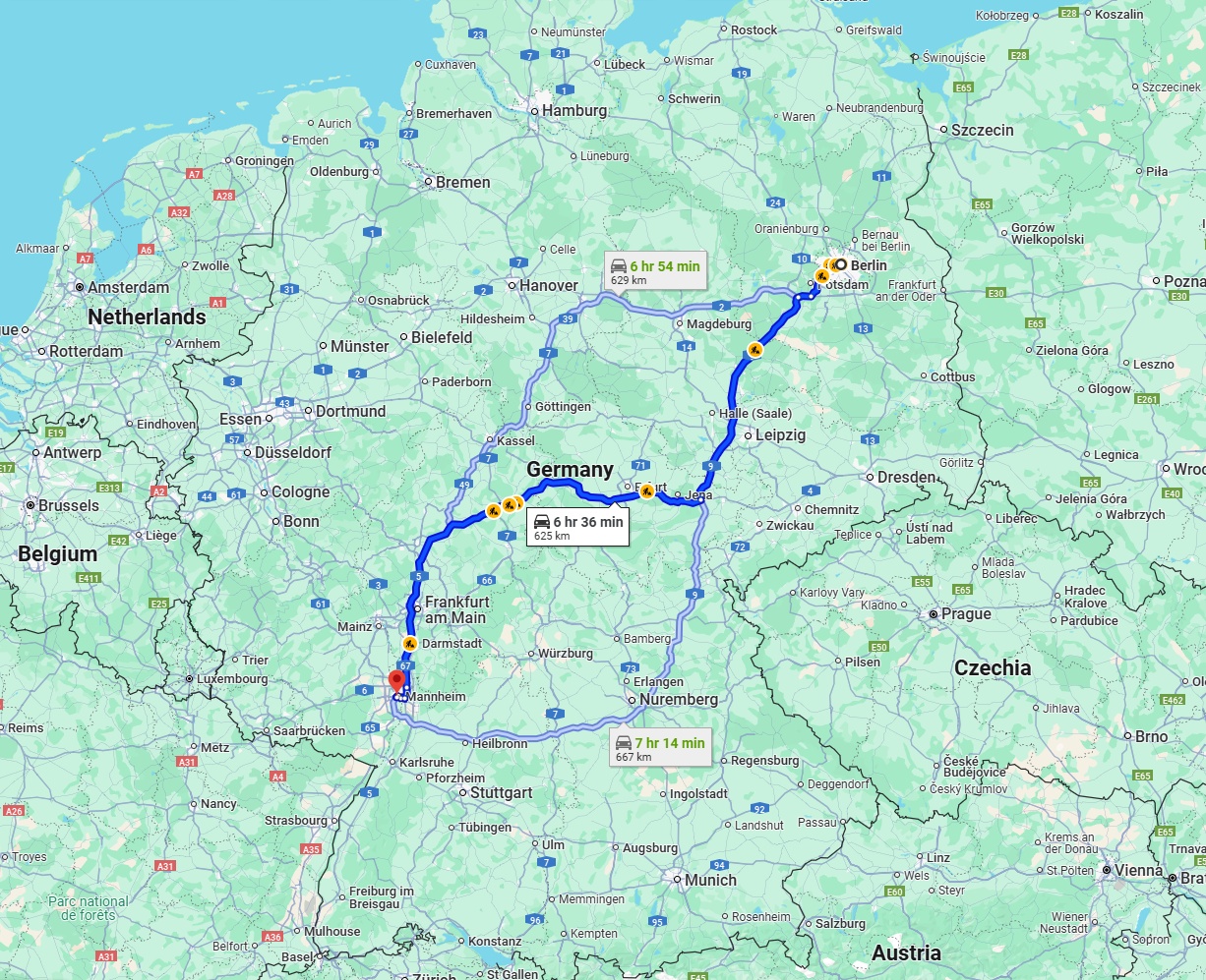 Anreise von Berlin Zu Ludwigshafen am Rhein Über via A9 and A4