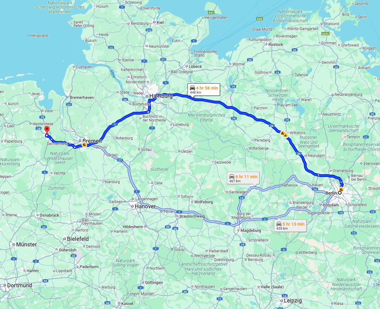 Anreise von Berlin Zu Oldenburg Über via A24 and A1