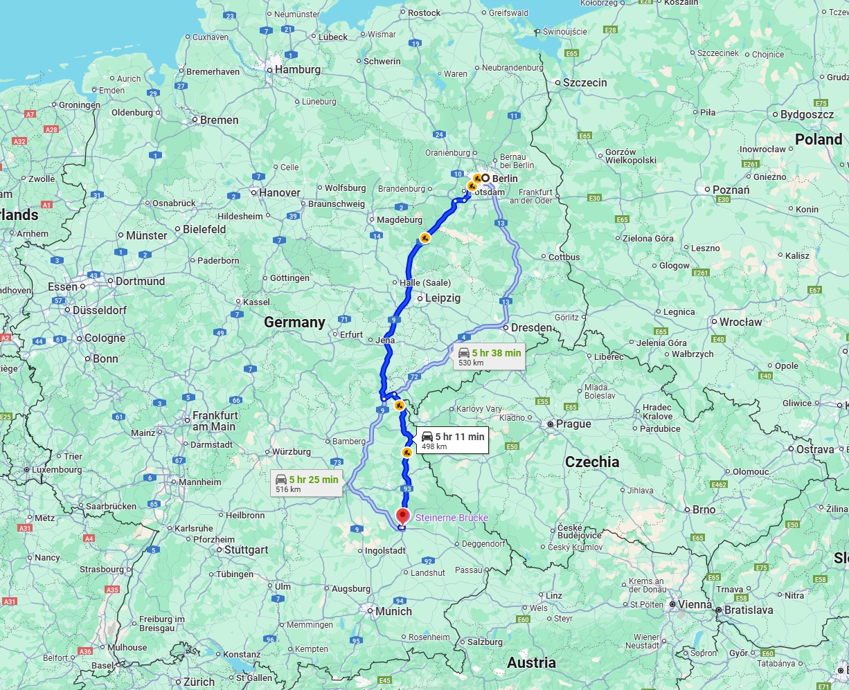 Anreise von Berlin Zu Regensburg Über via A9 and A93
