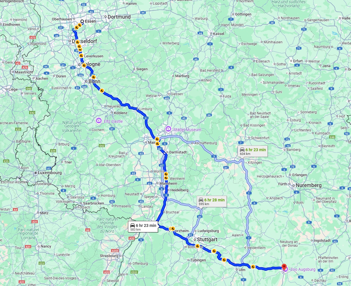 Anreise von Essen Zu Augsburg Über via A3 and A8