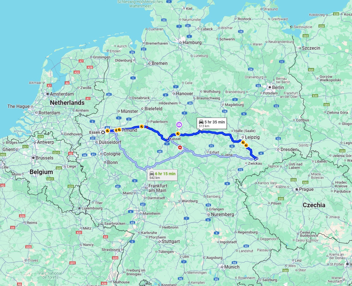 Anreise von Essen Zu Chemnitz Über via A44 and A38
