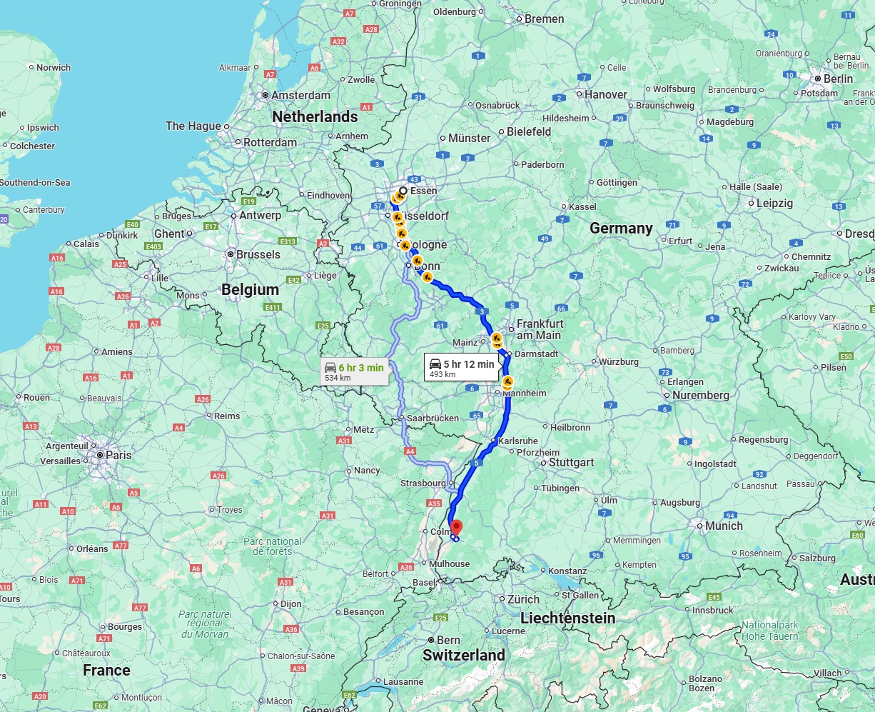 Anreise von Essen Zu Freiburg im Breisgau Über via A3 and A5