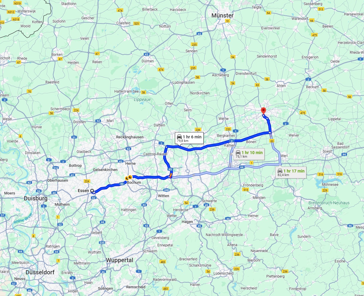 Anreise von Essen Zu Hamm Über via A40 and A2