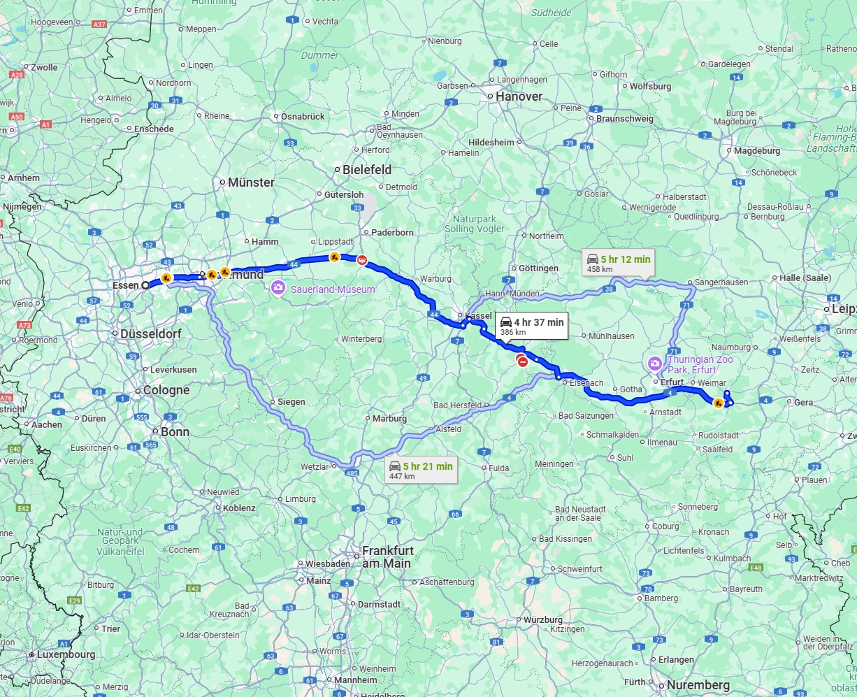 Anreise von Essen Zu Jena Über via A44 and A4
