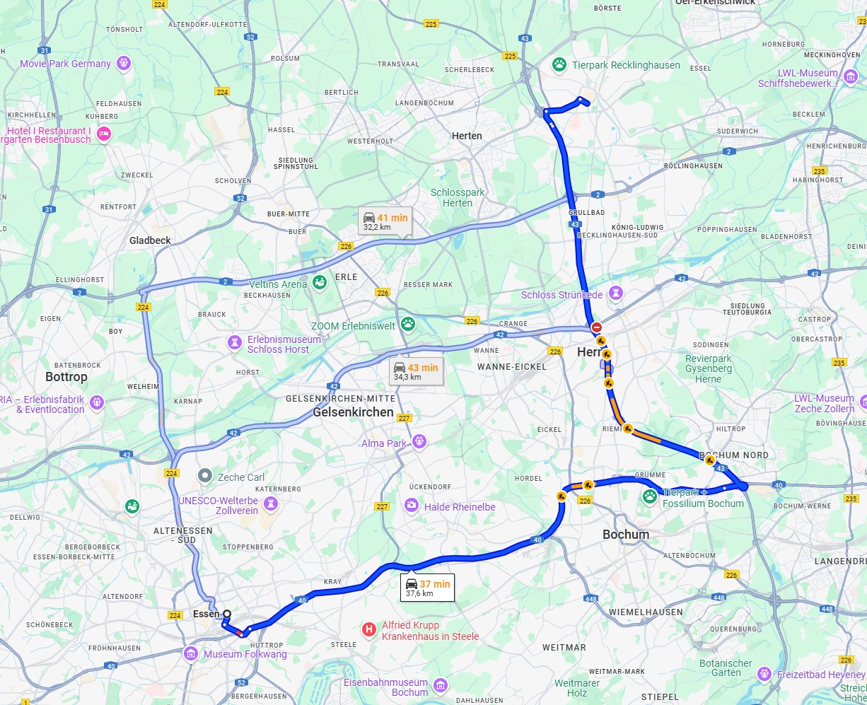 Anreise von Essen Zu Recklinghausen Über via A40 and A43