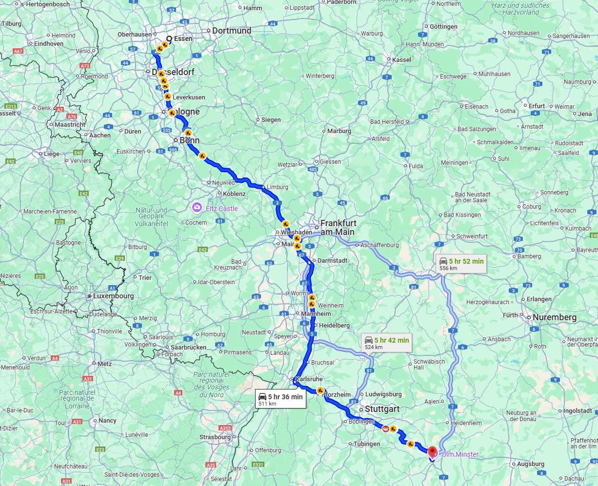 Anreise von Essen Zu Ulm Über via A3 and A8