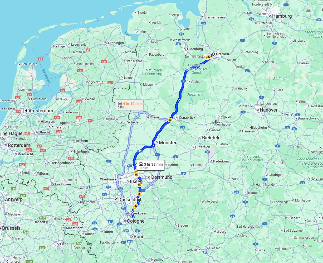 Anreise von Bremen Zu Bergisch Gladbach Über via A43 and A1