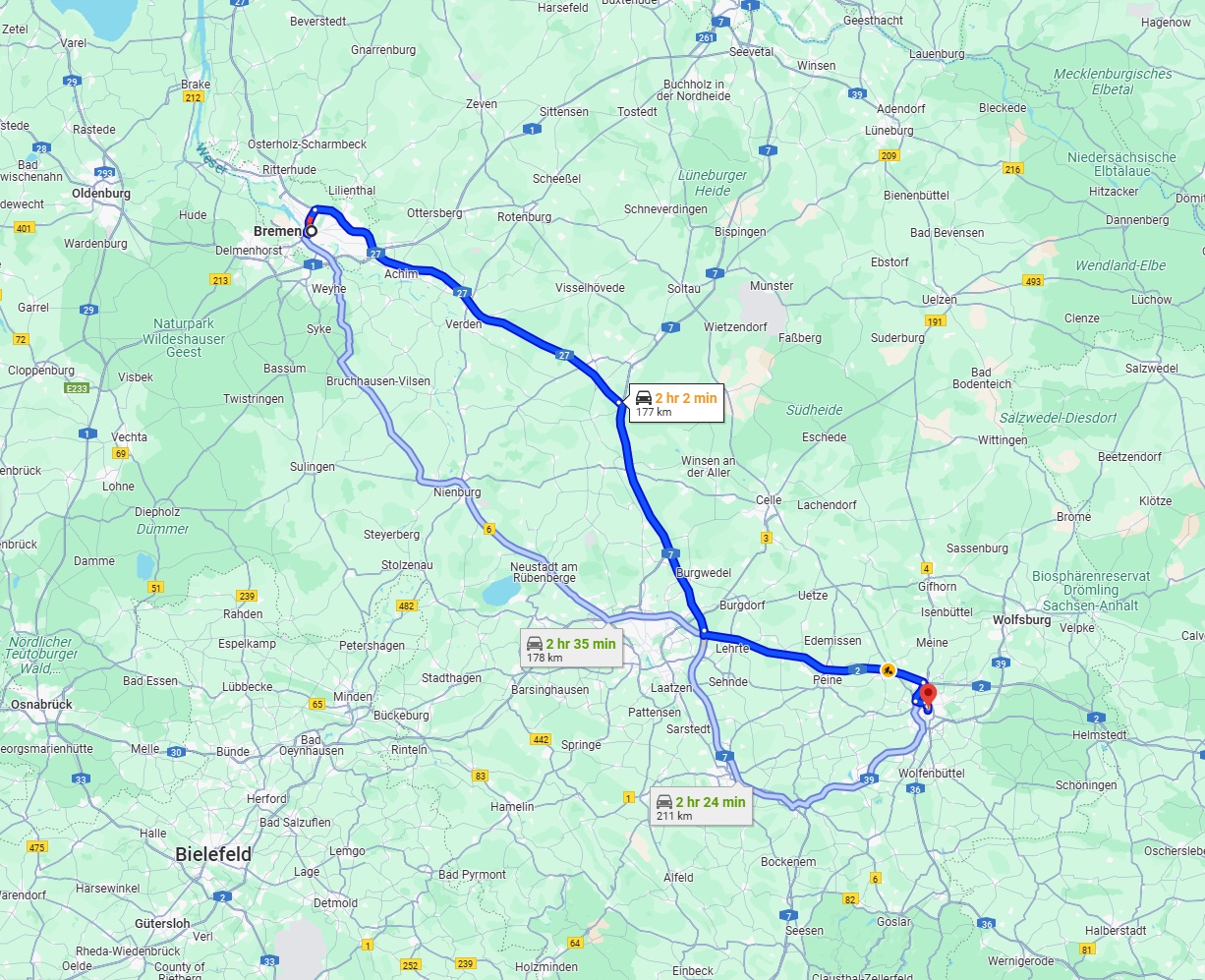Anreise von Bremen Zu Braunschweig Über via A27 and A7