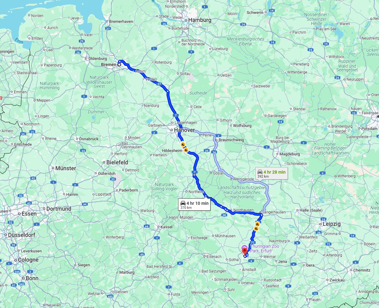 Anreise von Bremen Zu Erfurt Über via A7