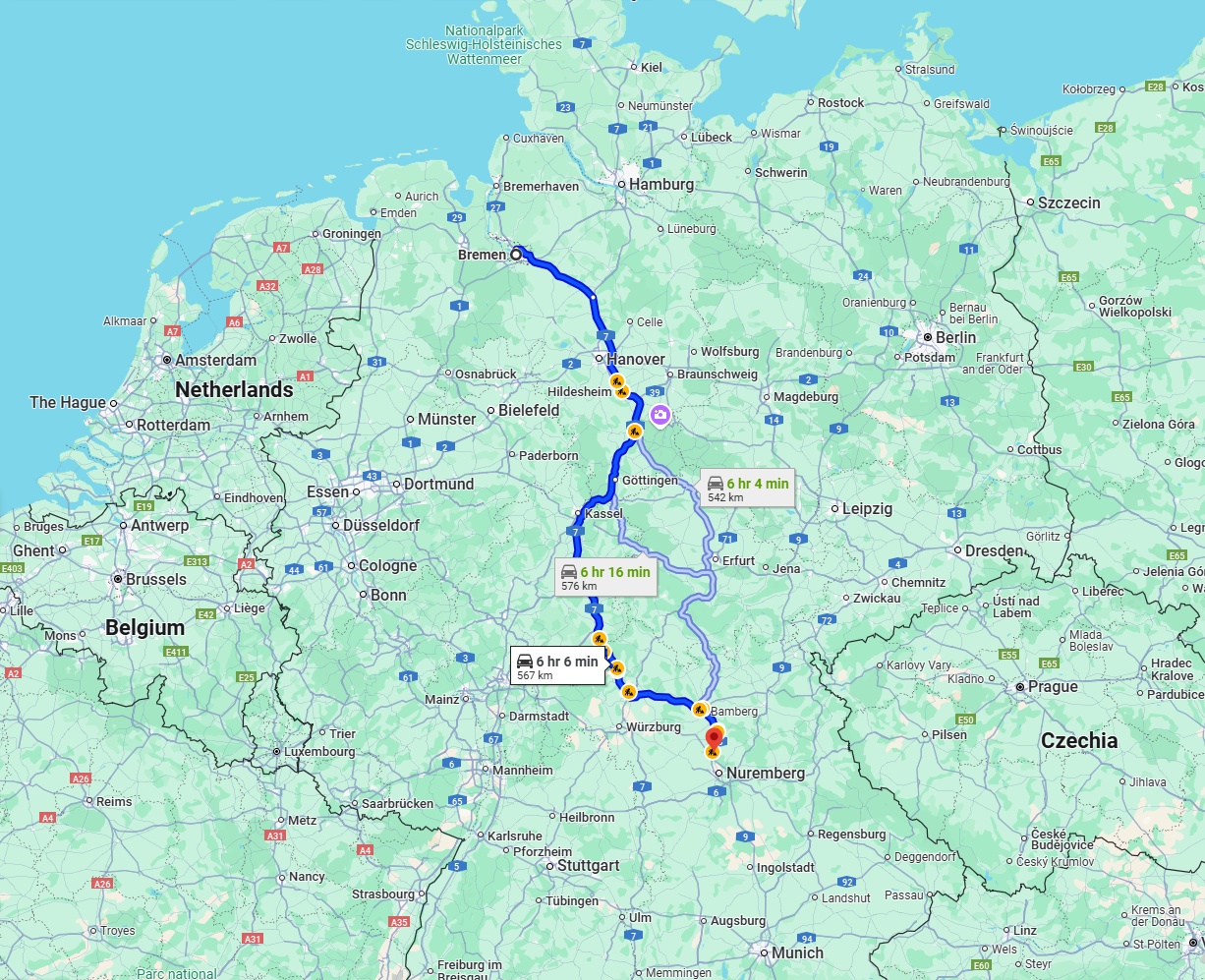 Anreise von Bremen Zu Erlangen Über via A7
