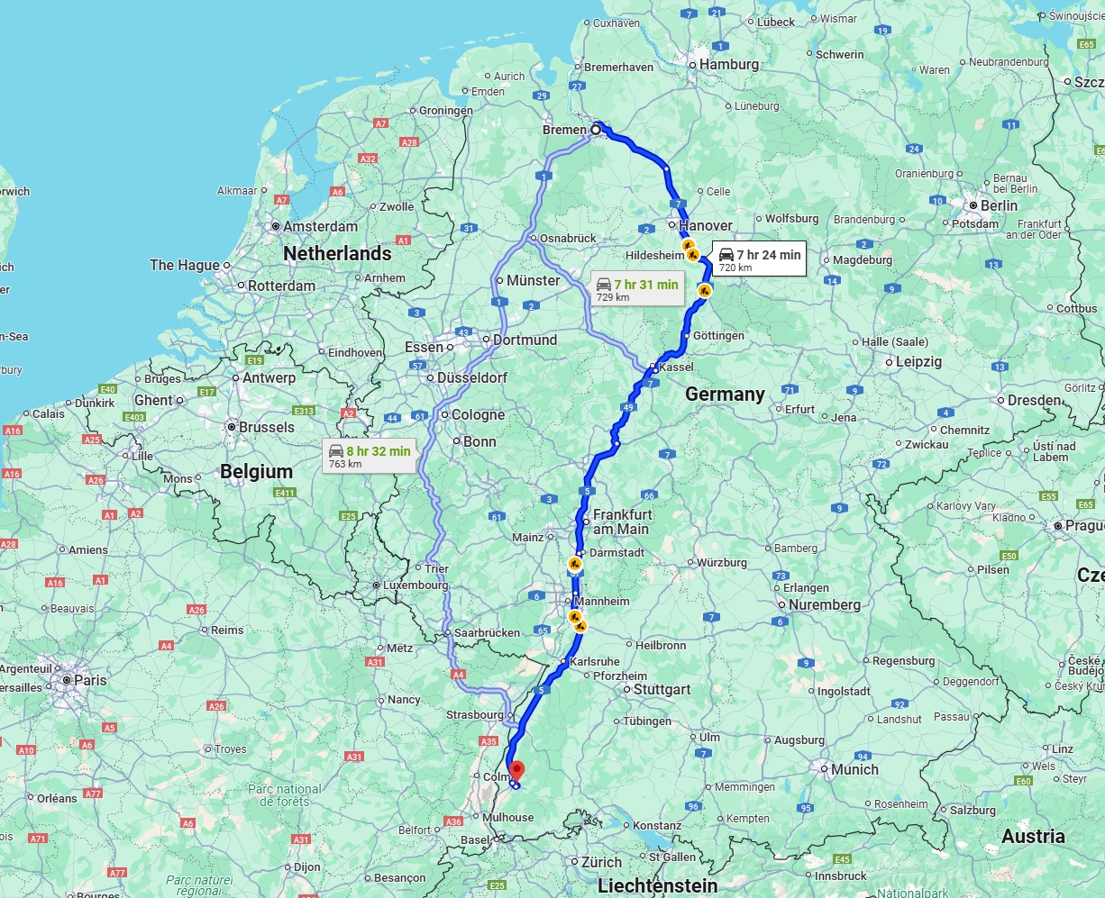 Anreise von Bremen Zu Freiburg im Breisgau Über via A7 and A5