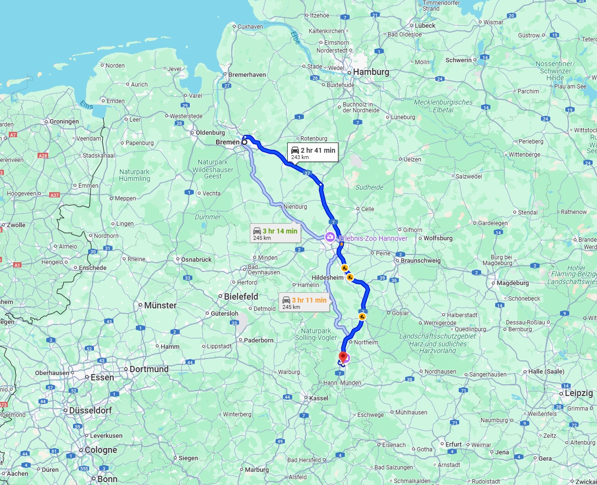 Anreise von Bremen Zu Göttingen Über via A27 and A7