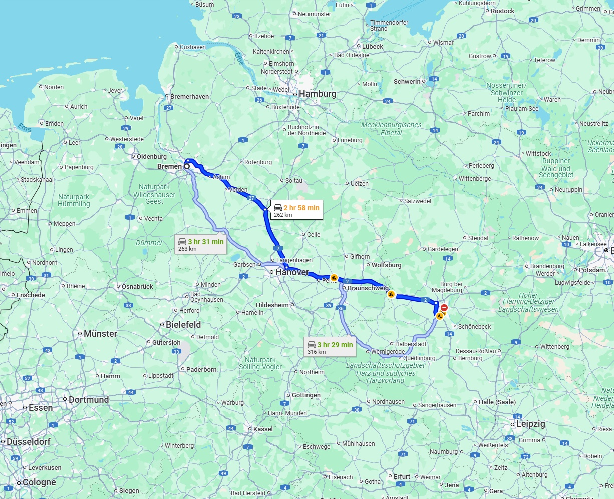 Anreise von Bremen Zu Magdeburg Über via A27 and A2
