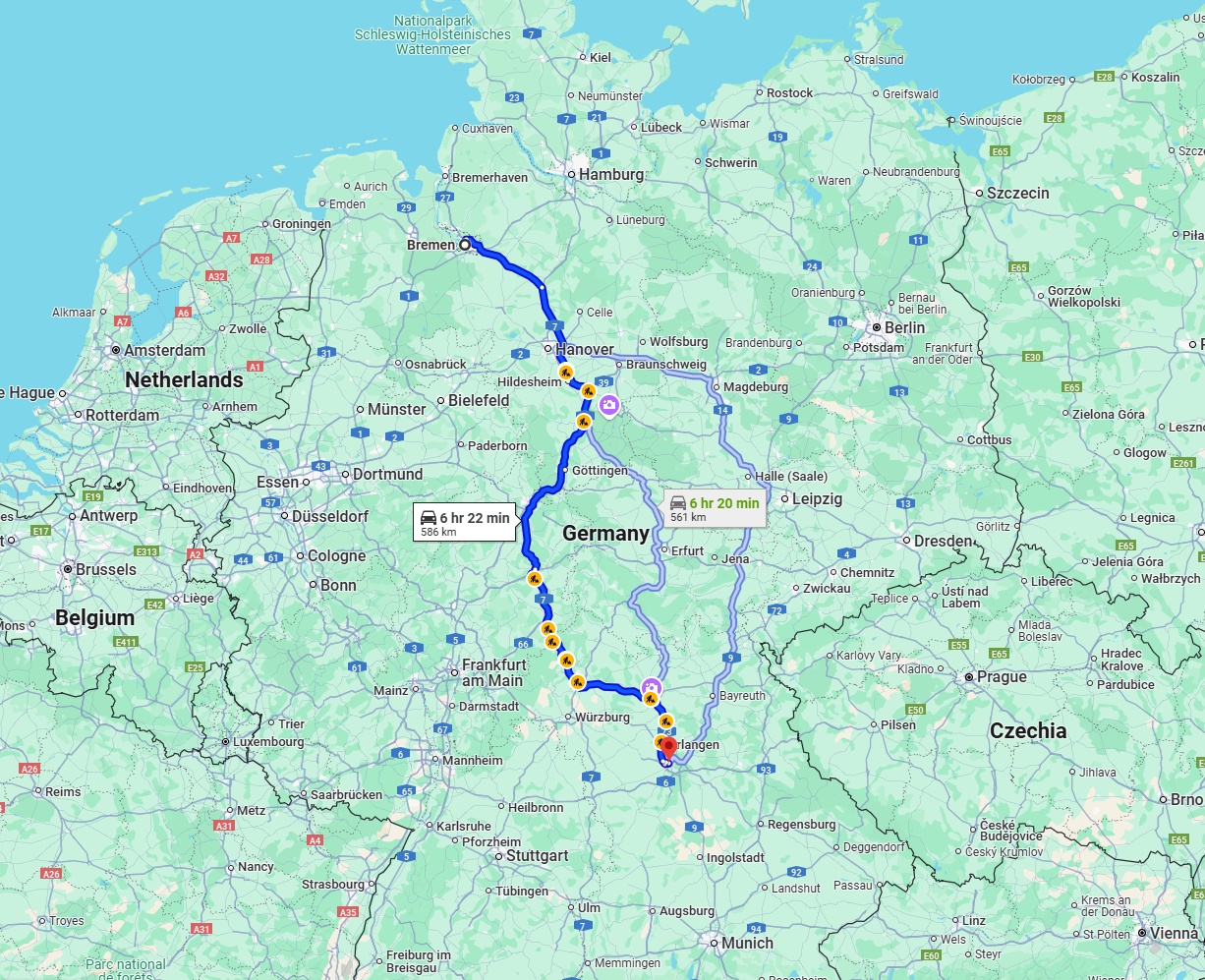 Anreise von Bremen Zu Nürnberg Über via A7