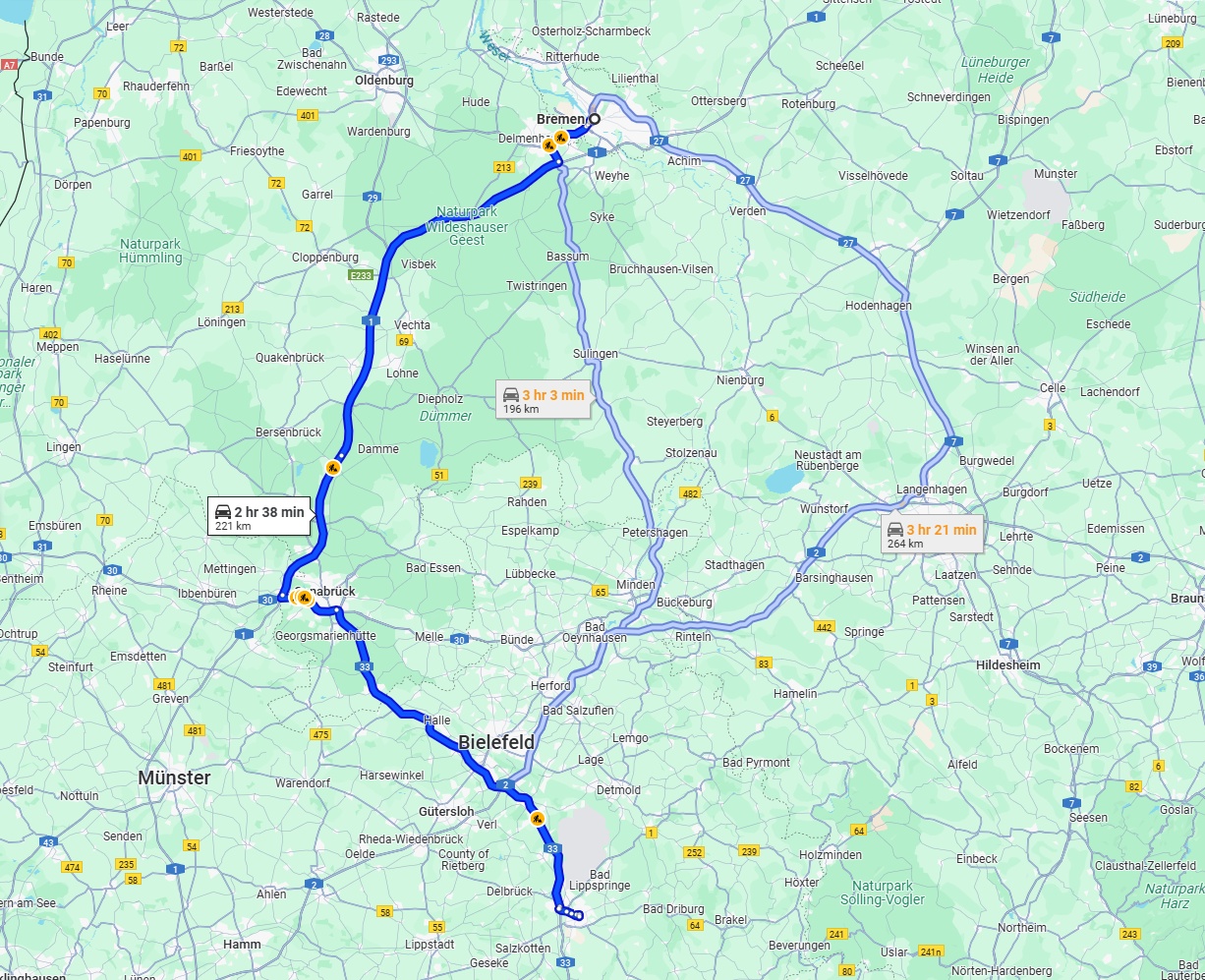 Anreise von Bremen Zu Paderborn Über via A1 and A33