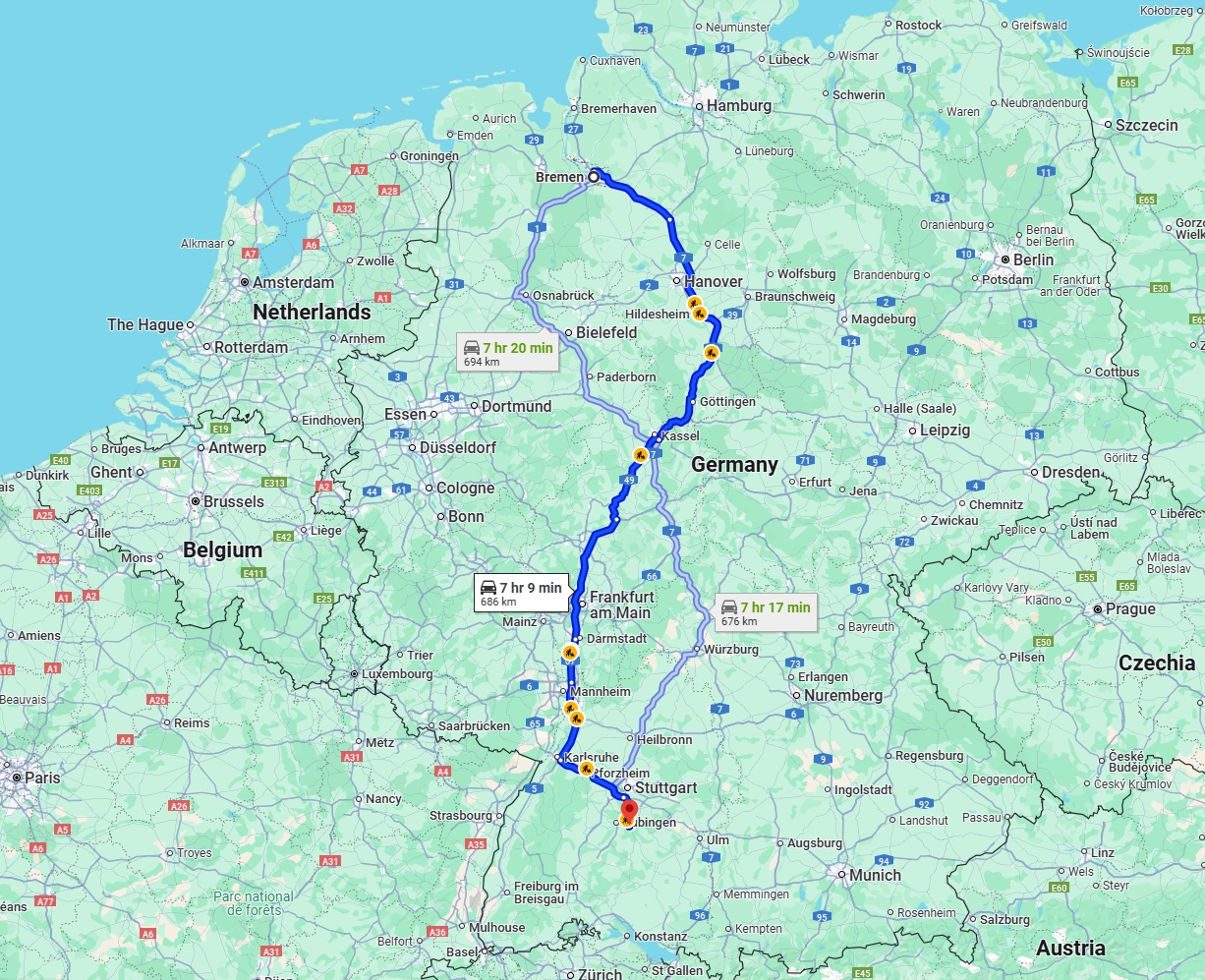 Anreise von Bremen Zu Reutlingen Über via A7