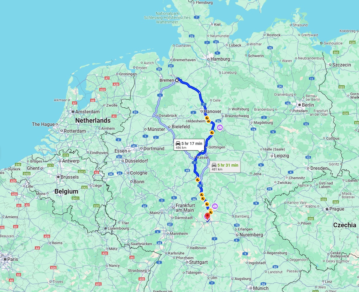 Anreise von Bremen Zu Würzburg Über via A7