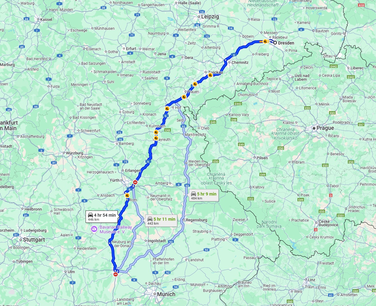 Anreise von Dresden Zu Augsburg Über via A9 and B2