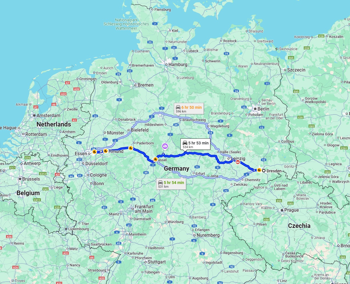 Anreise von Dresden Zu Bochum Über via A38 and A44