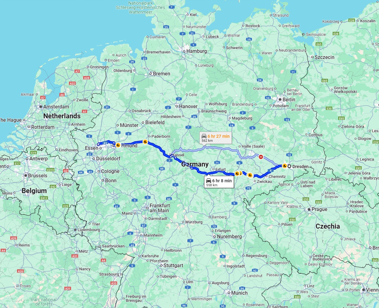 Anreise von Dresden Zu Bottrop Über via A4 and A44