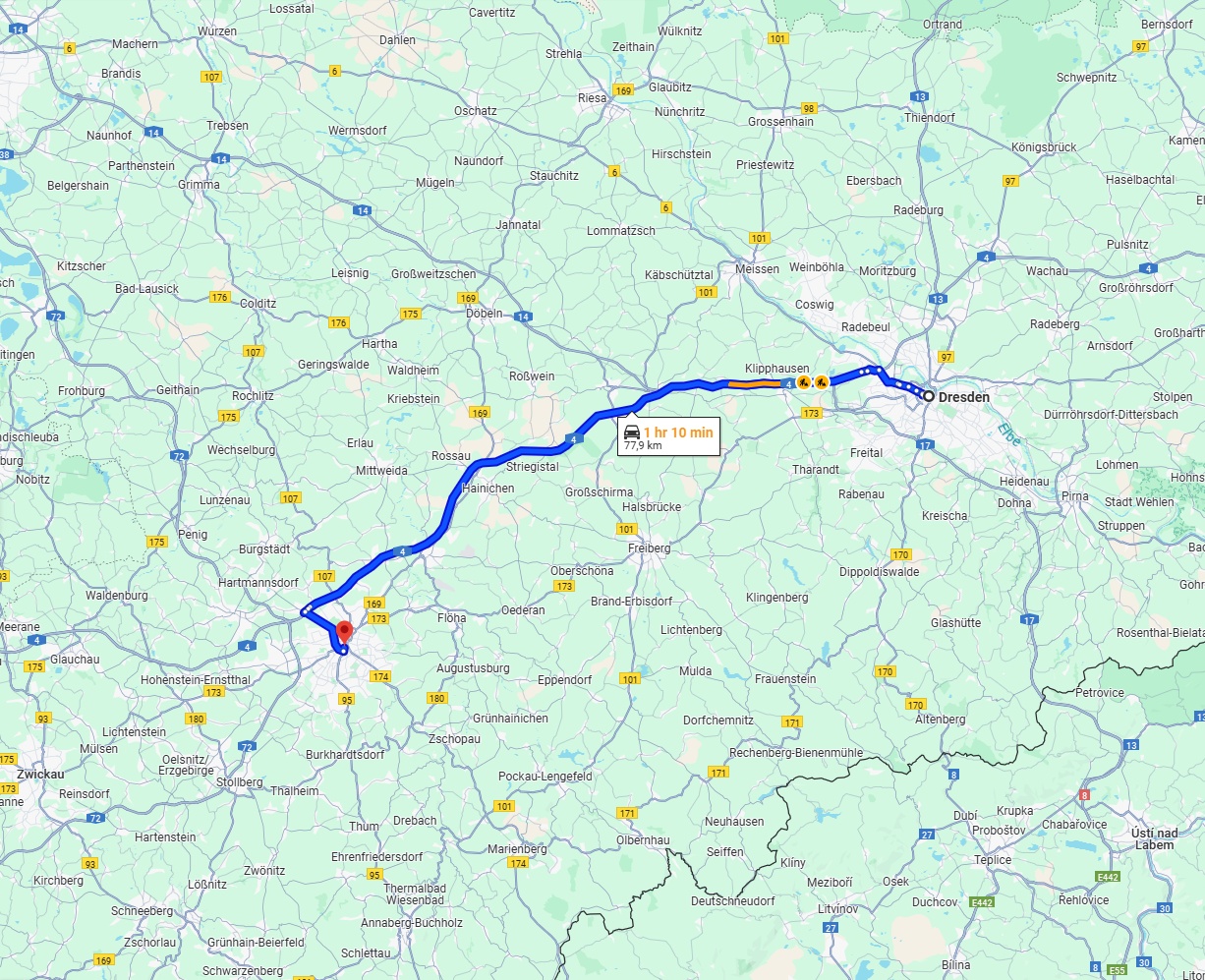 Anreise von Dresden Zu Chemnitz Über via A4