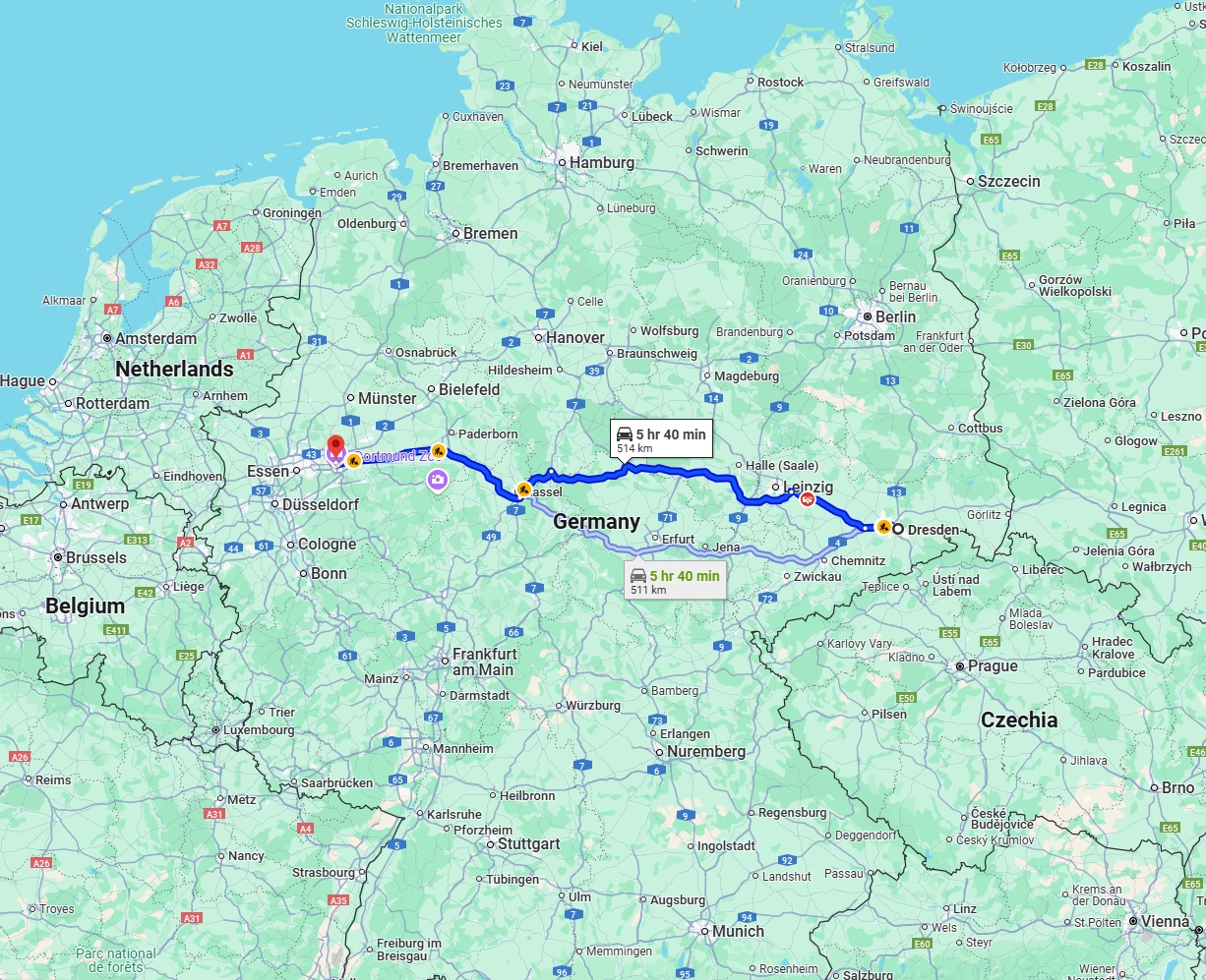 Anreise von Dresden Zu Dortmund Über via A38 and A44