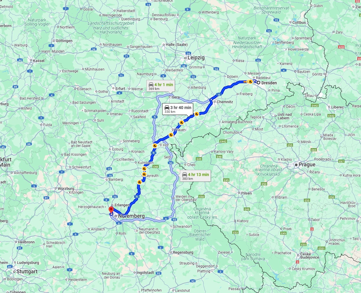 Anreise von Dresden Zu Fürth Über via A72 and A9