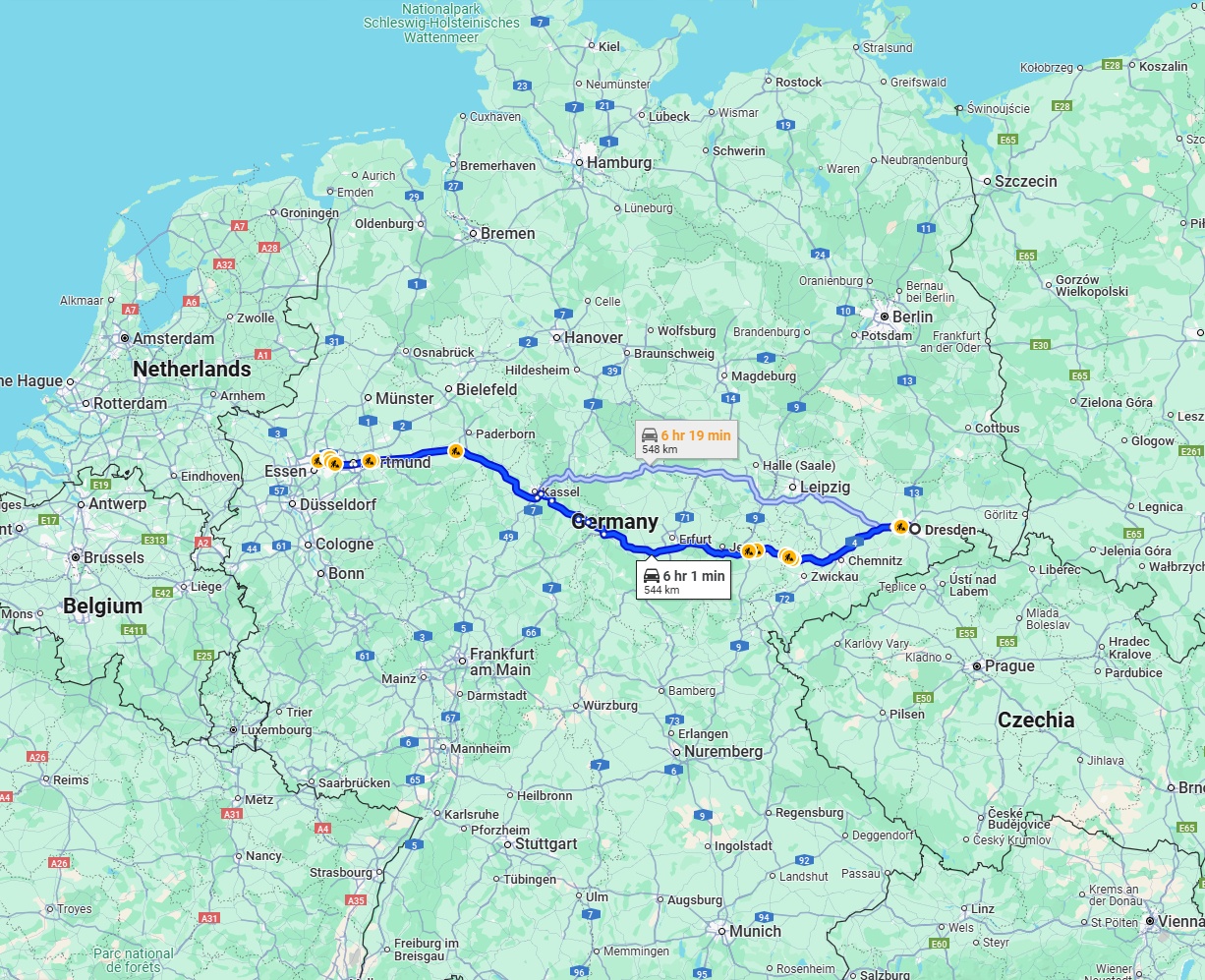 Anreise von Dresden Zu Gelsenkirchen Über via A4 and A44
