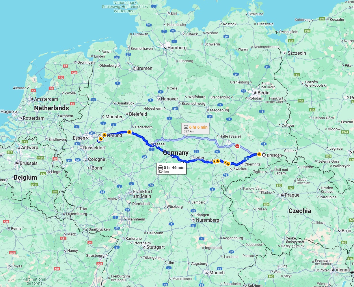 Anreise von Dresden Zu Hagen Über via A4 and A44
