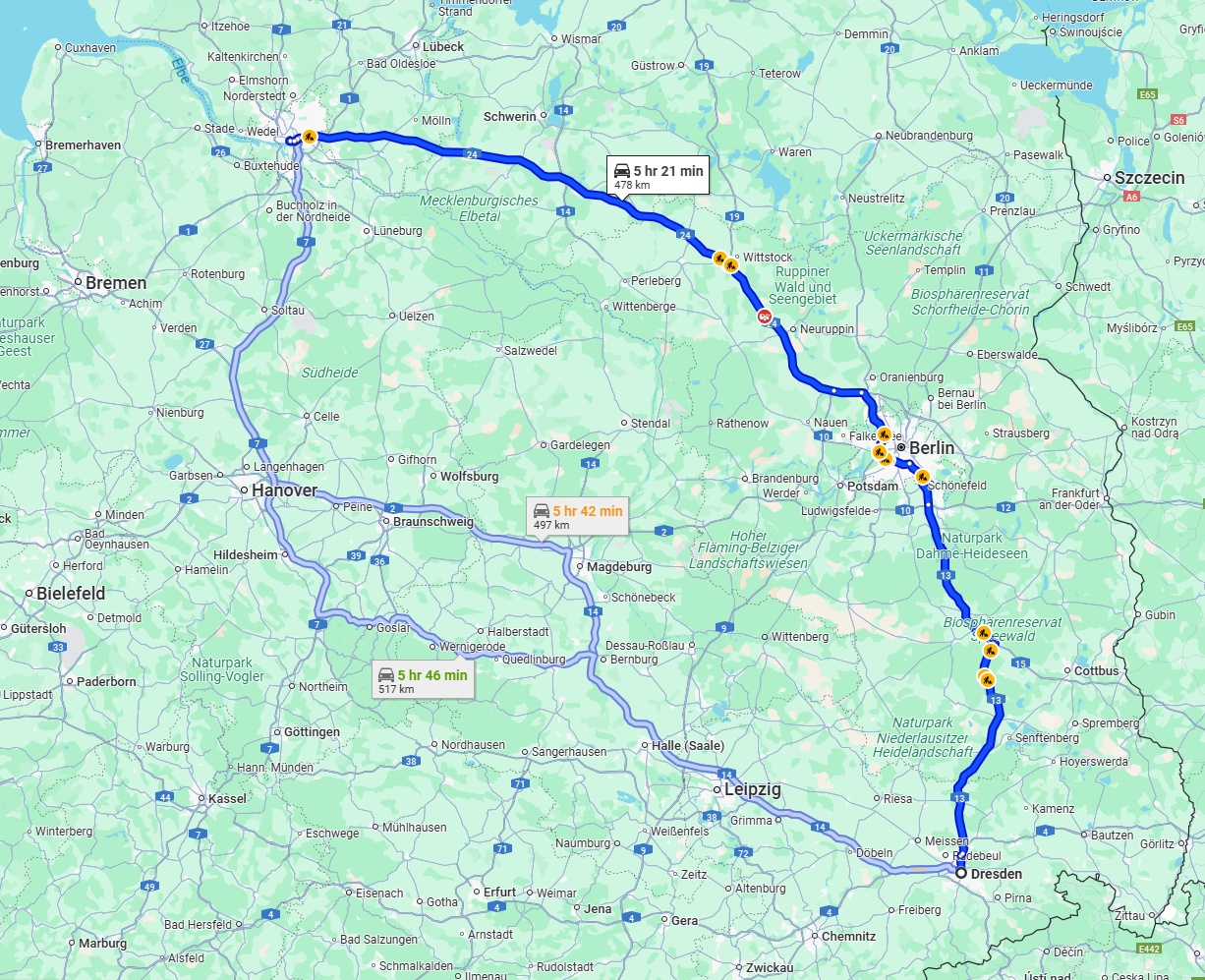 Anreise von Dresden Zu Hamburg Über via A13 and A24