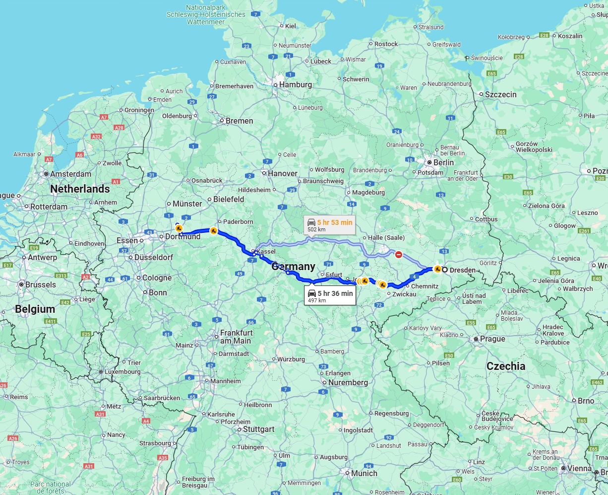 Anreise von Dresden Zu Hamm Über via A4 and A44