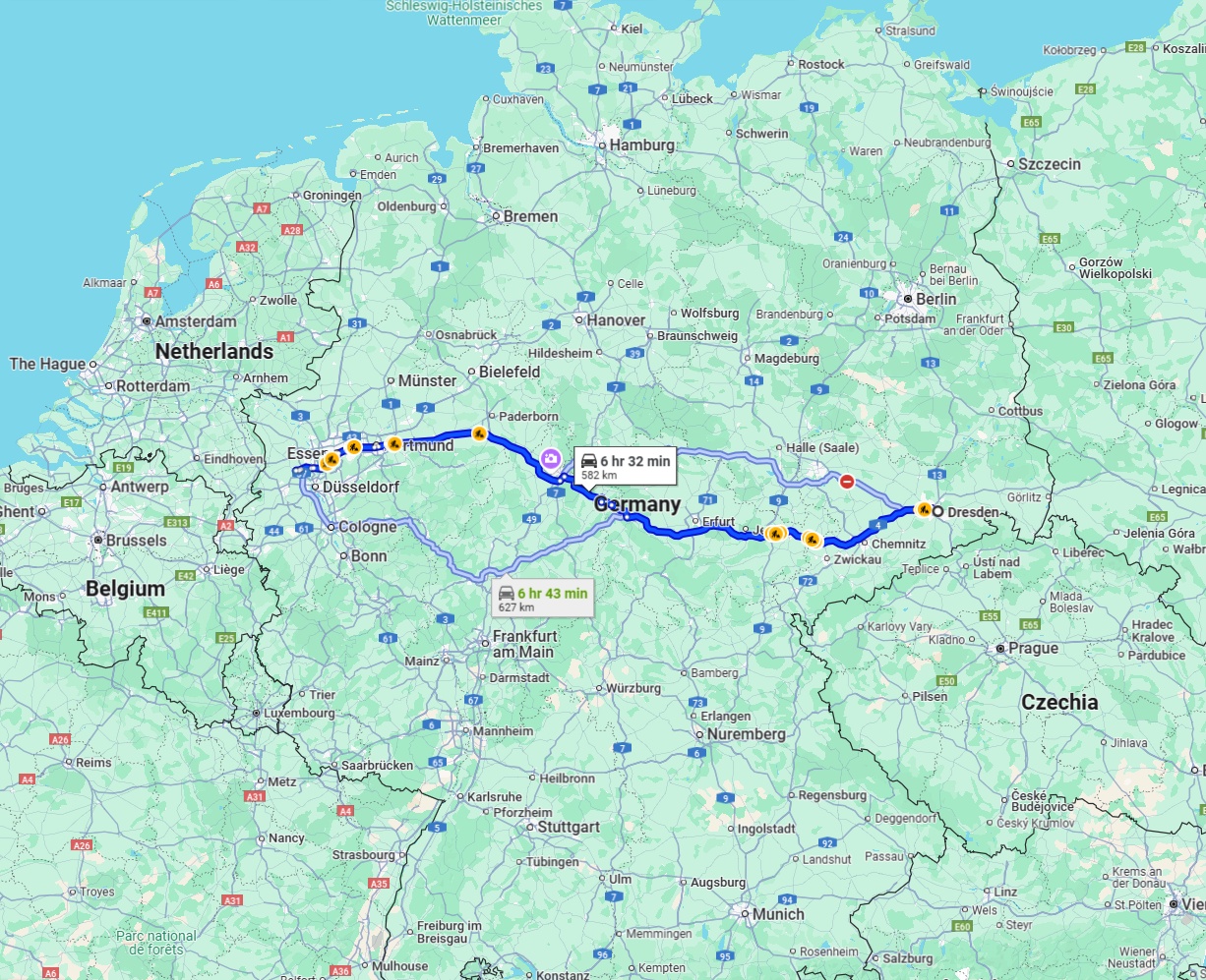 Anreise von Dresden Zu Krefeld Über via A4 and A44