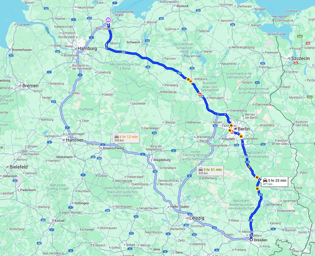 Anreise von Dresden Zu Lübeck Über via A13 and A24