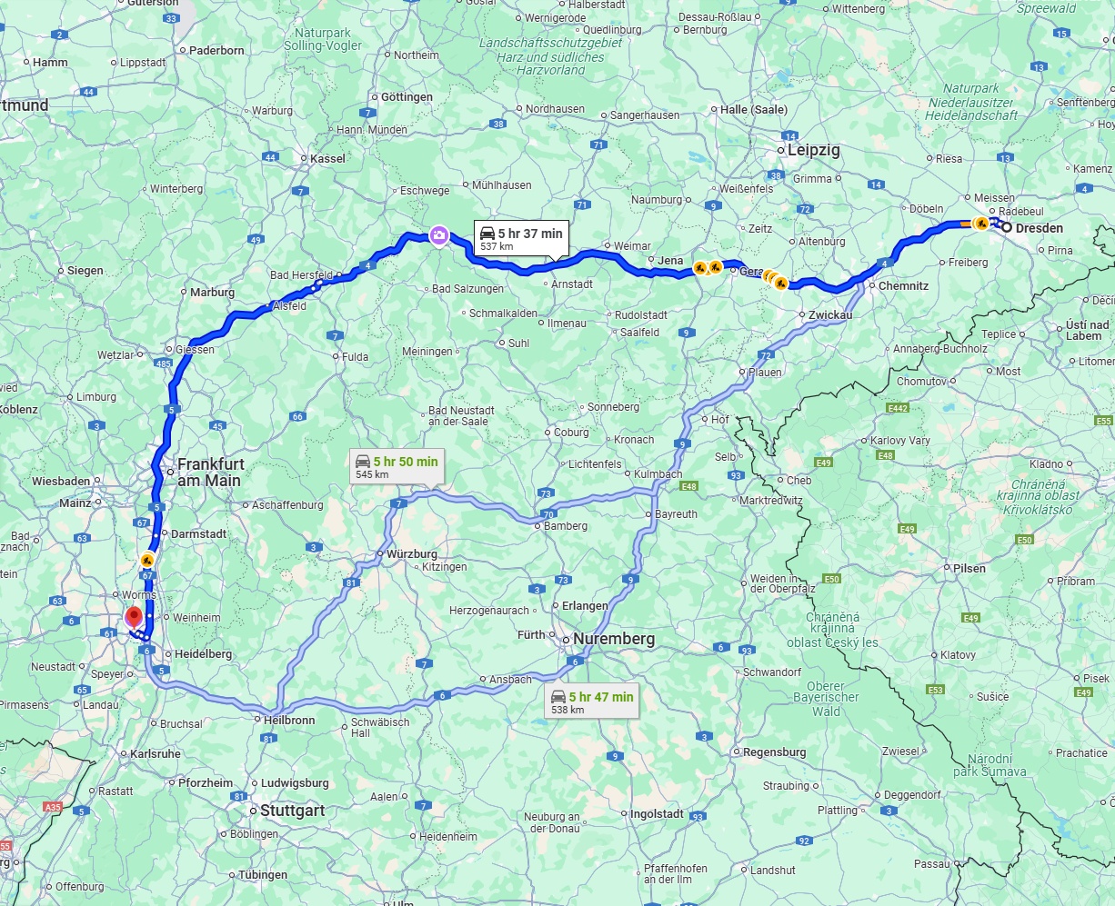 Anreise von Dresden Zu Mannheim Über via A4 and A5