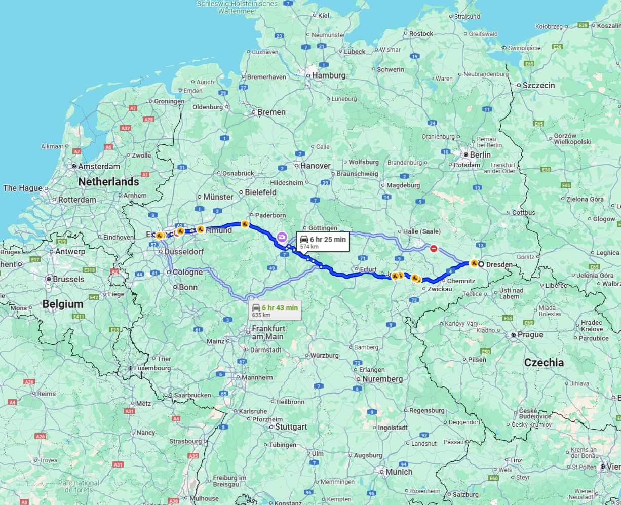 Anreise von Dresden Zu Moers Über via A4 and A44
