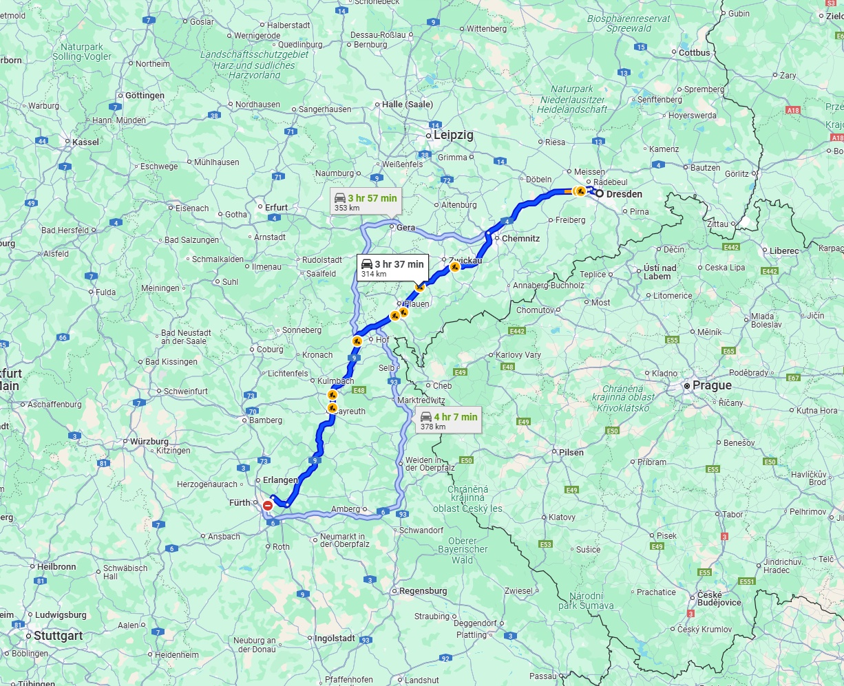 Anreise von Dresden Zu Nürnberg Über via A72 and A9