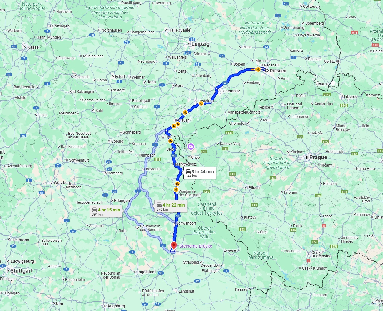 Anreise von Dresden Zu Regensburg Über via A72 and A93