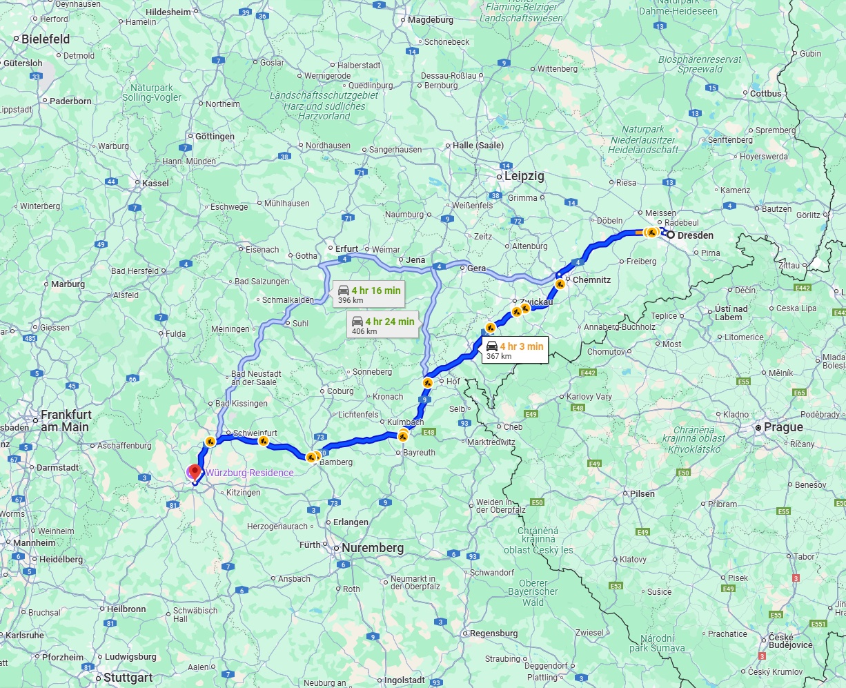 Anreise von Dresden Zu Würzburg Über via A72 and A70