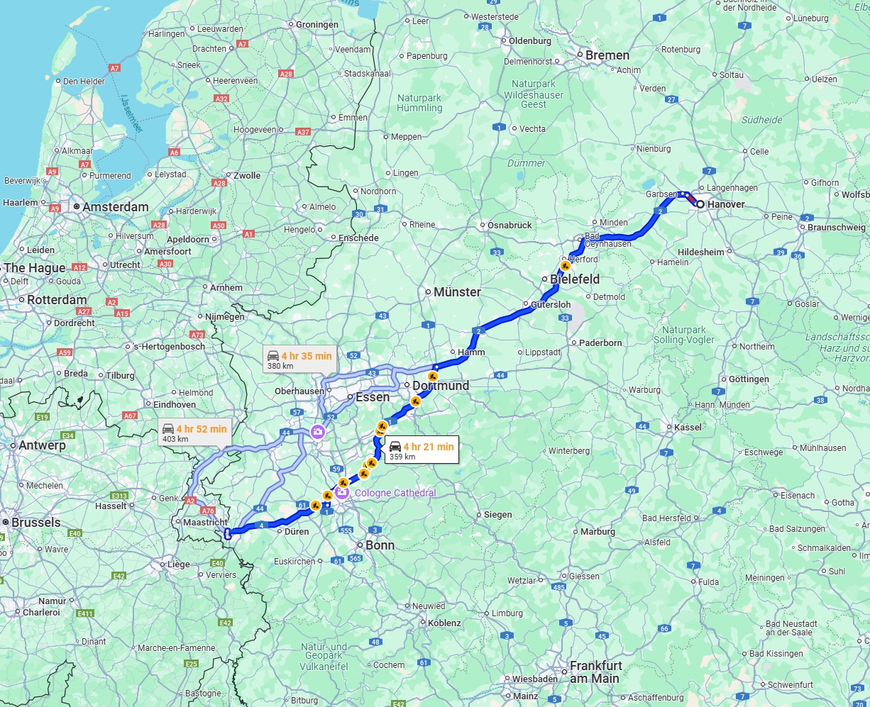 Anreise von Hannover Zu Aachen Über via A2 and A1