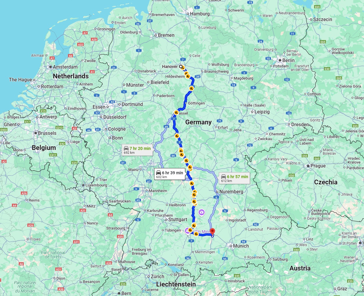 Anreise von Hannover Zu Augsburg Über via A7