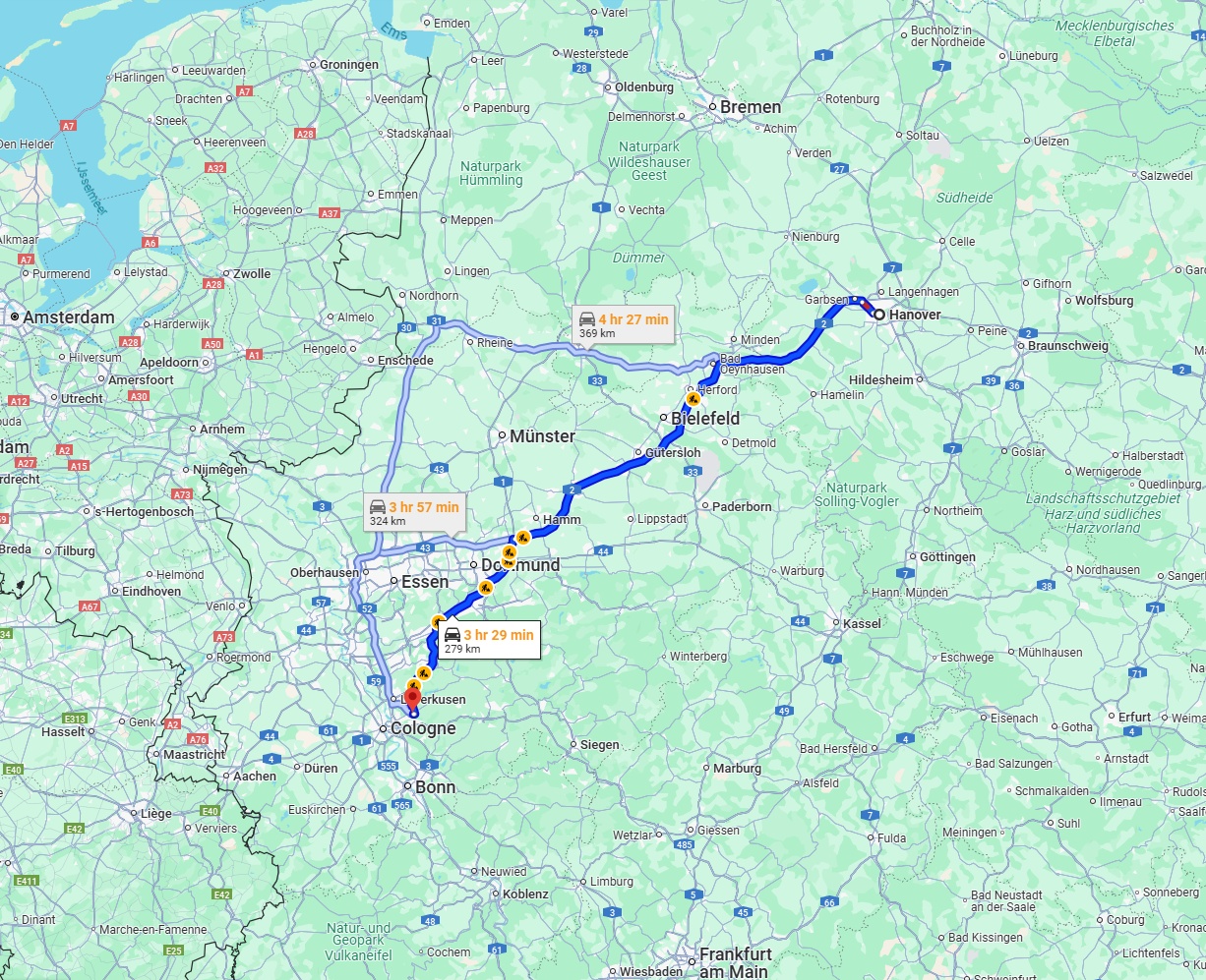 Anreise von Hannover Zu Bergisch Gladbach Über via A2 and A1