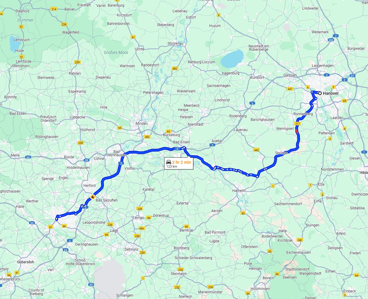 Anreise von Hannover Zu Bielefeld Über via B217 and A2