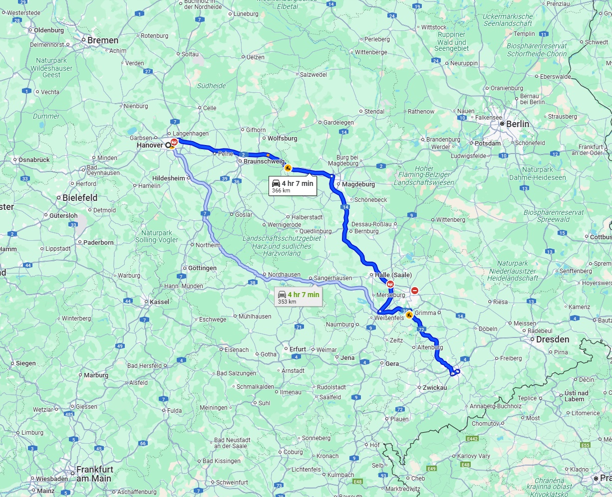 Anreise von Hannover Zu Chemnitz Über via A2 and A14
