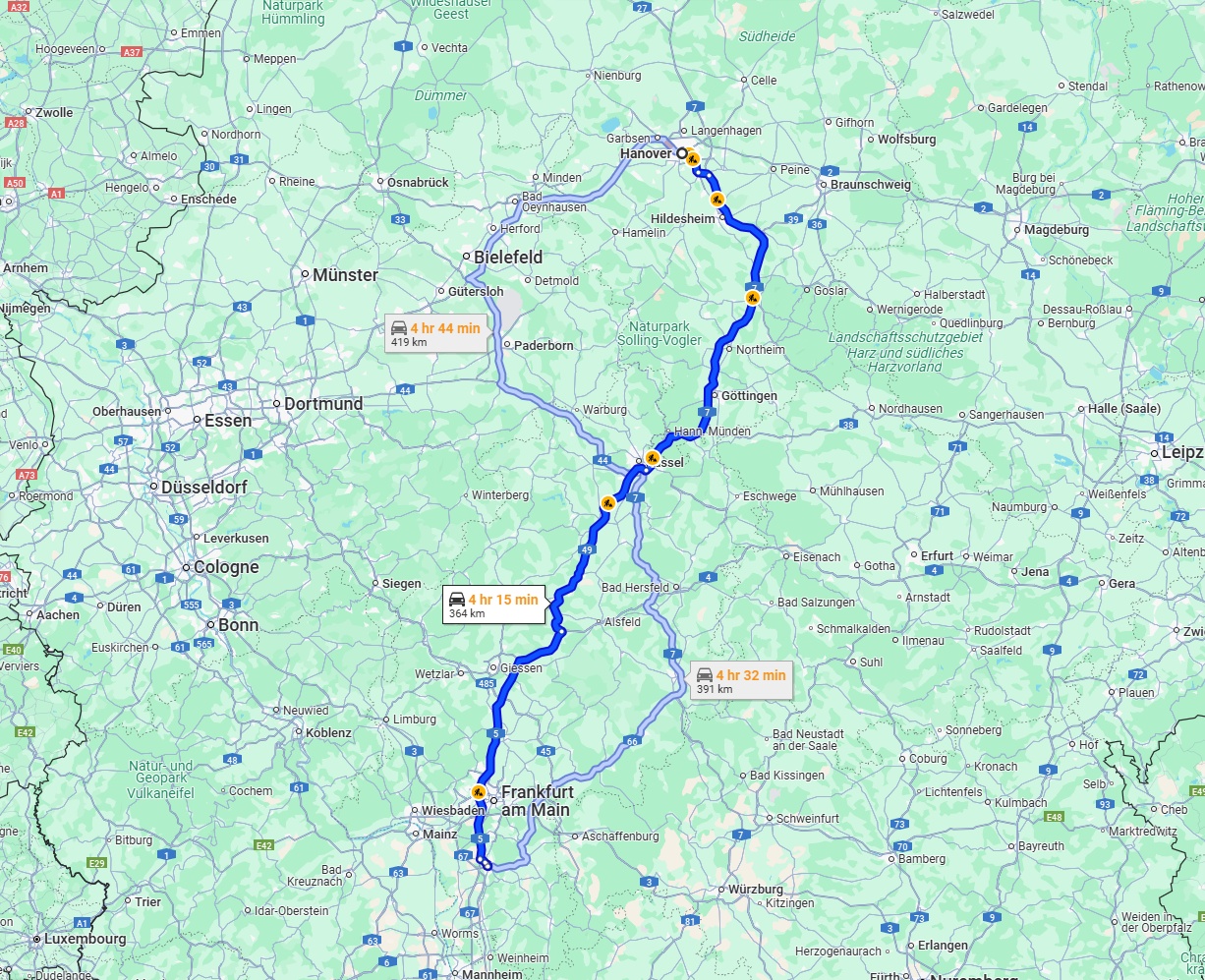 Anreise von Hannover Zu Darmstadt Über via A7 and A5