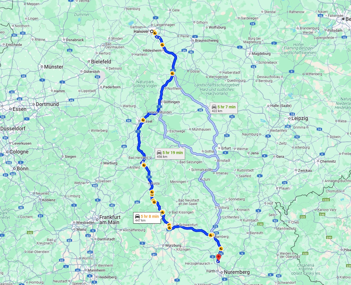 Anreise von Hannover Zu Erlangen Über via A7