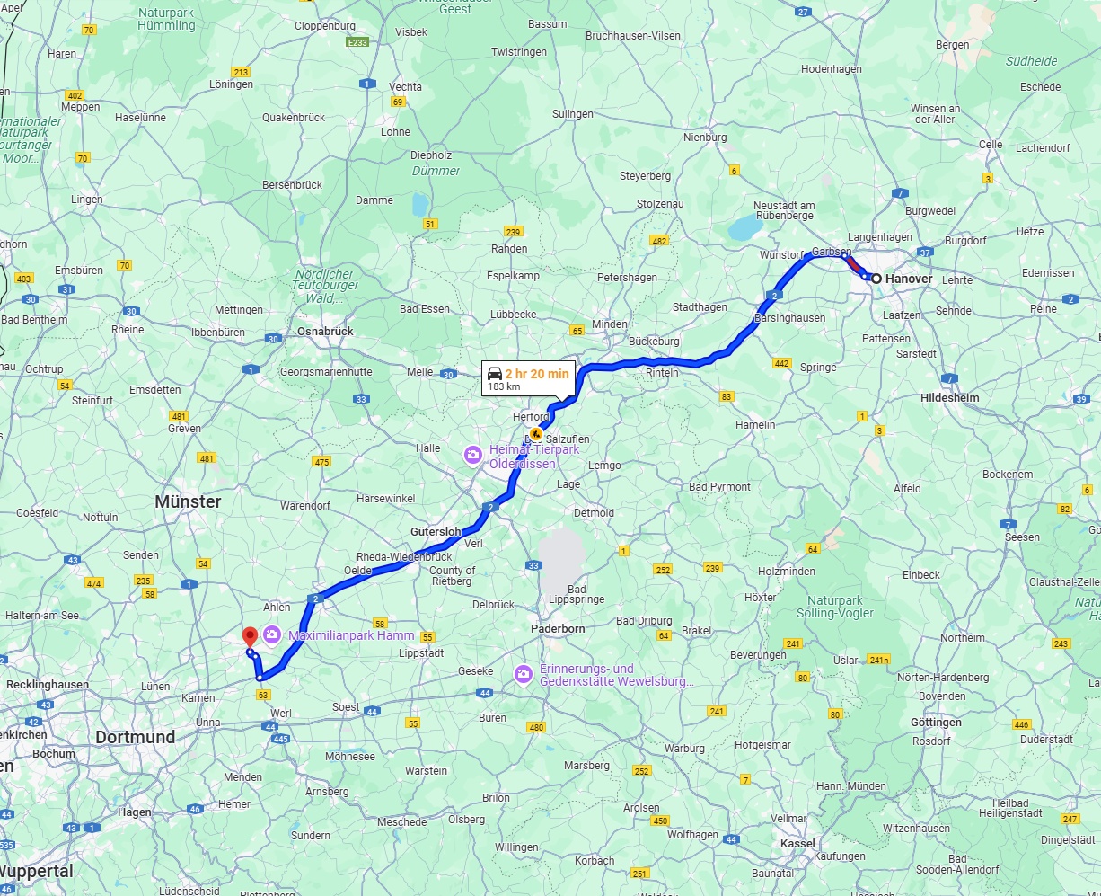 Anreise von Hannover Zu Hamm Über via A2