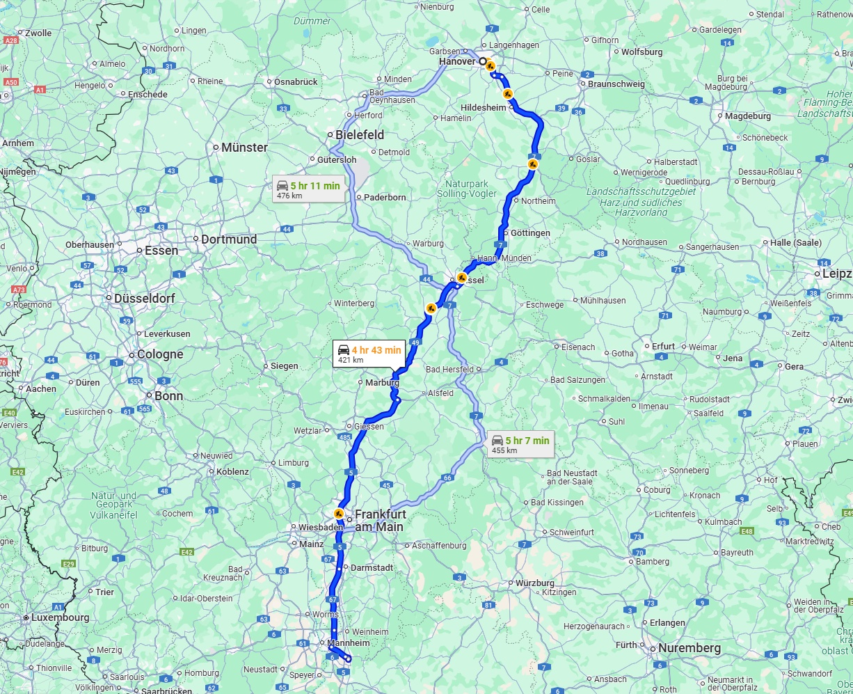Anreise von Hannover Zu Heidelberg Über via A7 and A5