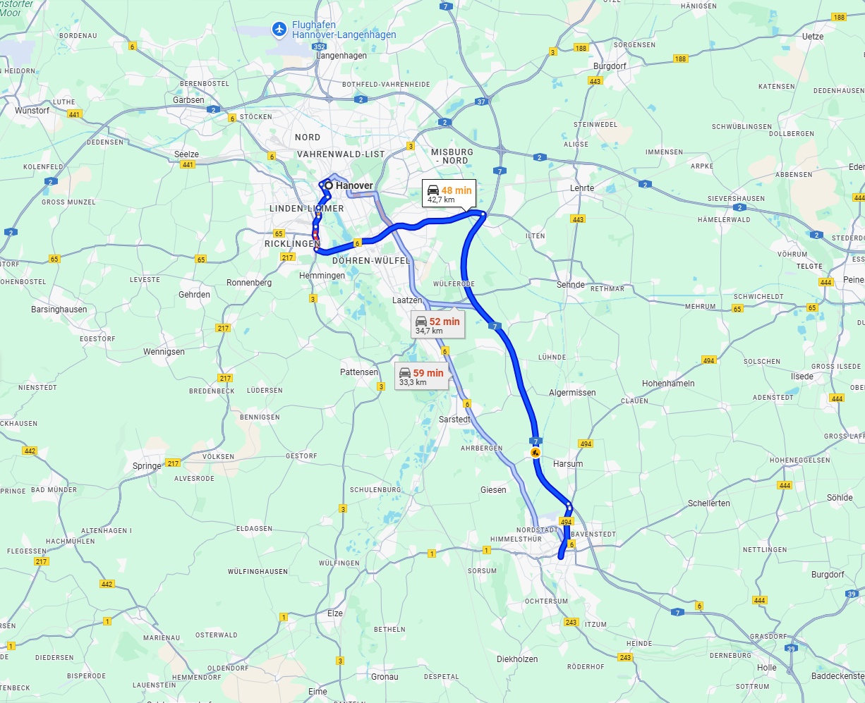 Anreise von Hannover Zu Hildesheim Über via B65 and A7