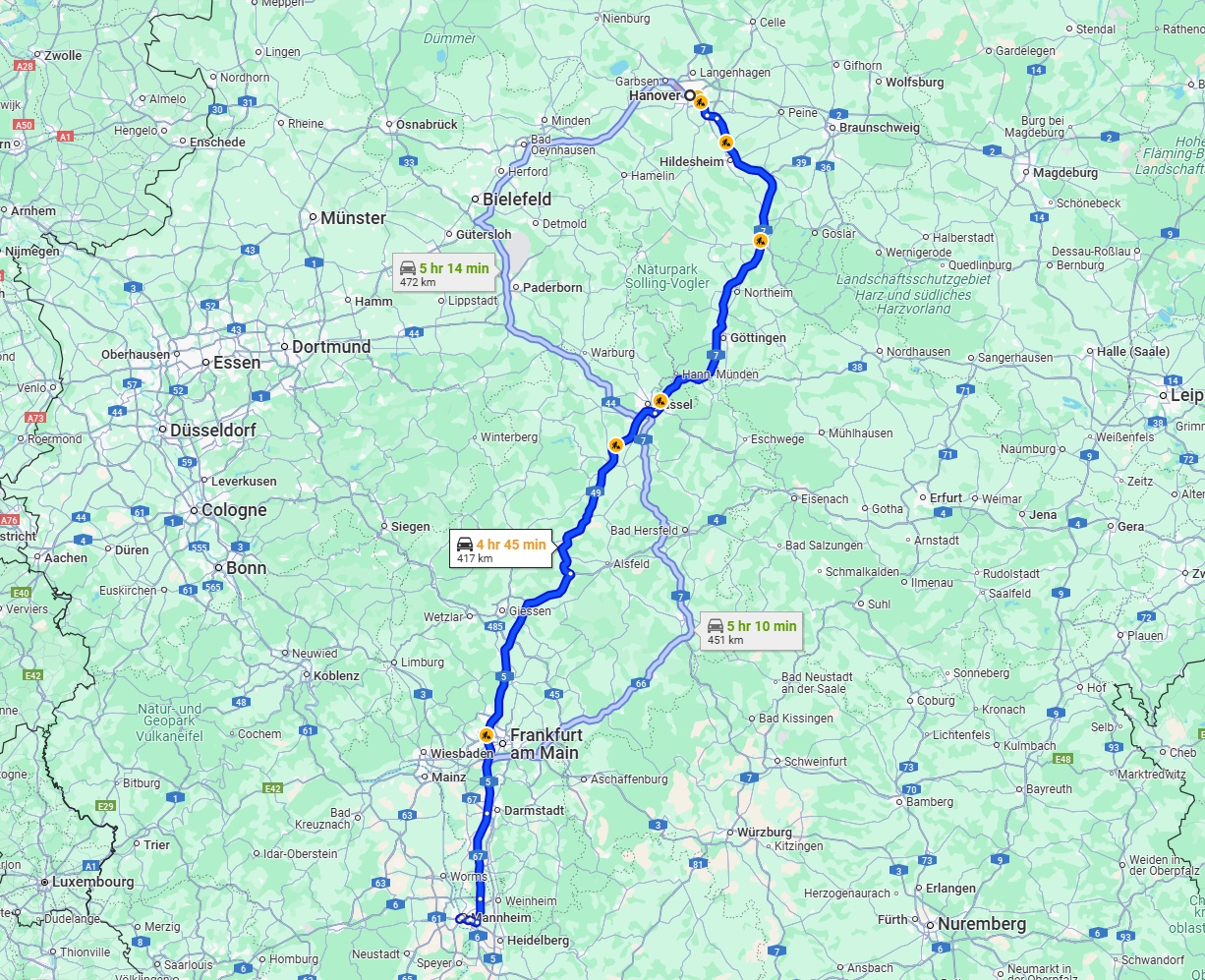 Anreise von Hannover Zu Ludwigshafen am Rhein Über via A7 and A5