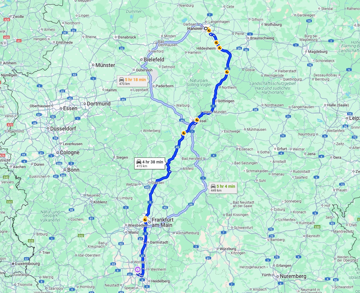Anreise von Hannover Zu Mannheim Über via A7 and A5